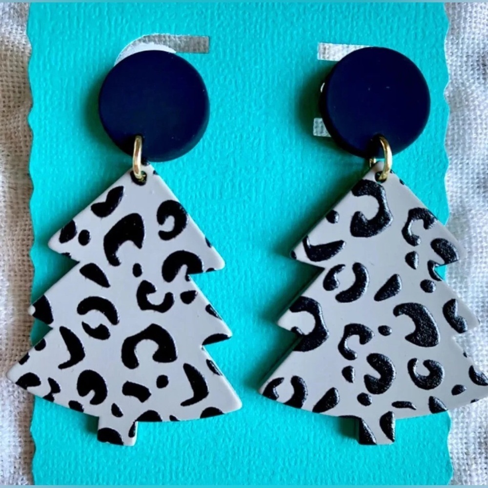 New Leopard Print Gray & Black Christmas Tree Retro 80s Style Earrings - 2.25”